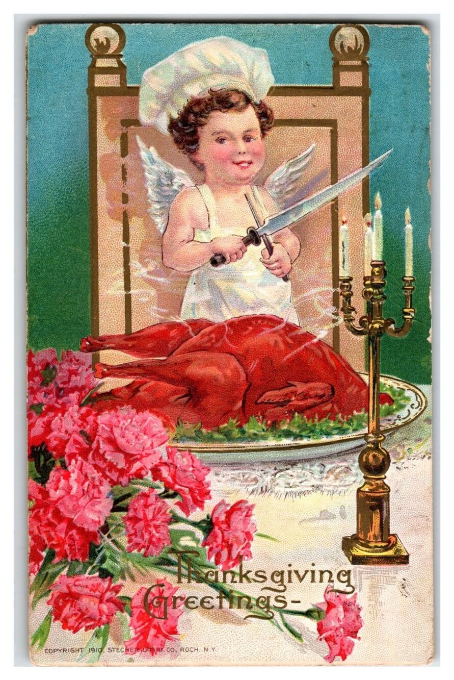 1910 Thanksgiving Greetings Postcard Angel Chef Turkey Carnations Embossed